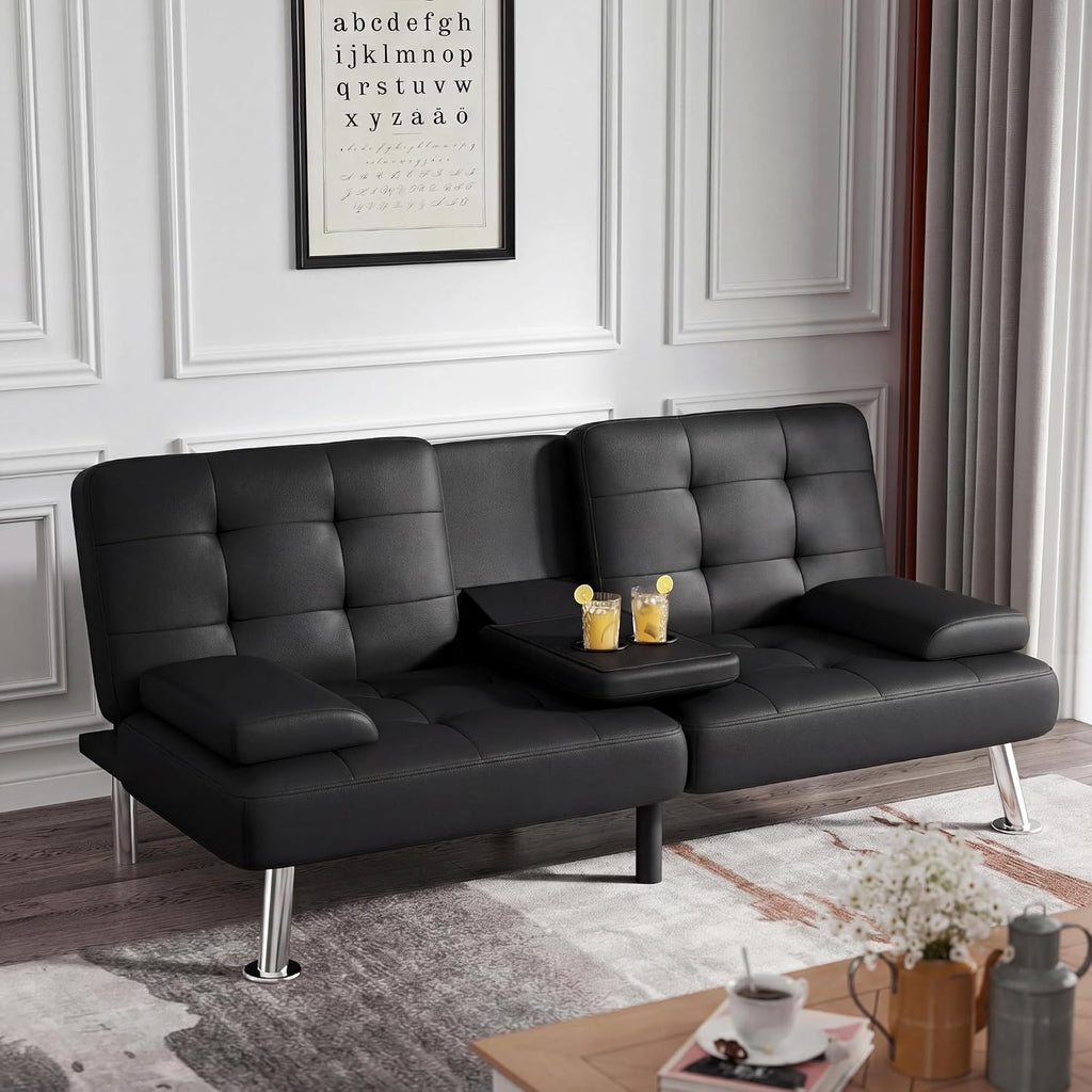 Flamaker Futon Sofa Bed Modern Folding Futon Set Convertible Recliner Lounge For Living Room With 2 Cup Holders, Removable Armrests (Pu Leather, Black)