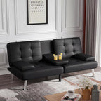 Flamaker Futon Sofa Bed Modern Folding Futon Set Convertible Recliner Lounge For Living Room With 2 Cup Holders, Removable Armrests (Pu Leather, Black)