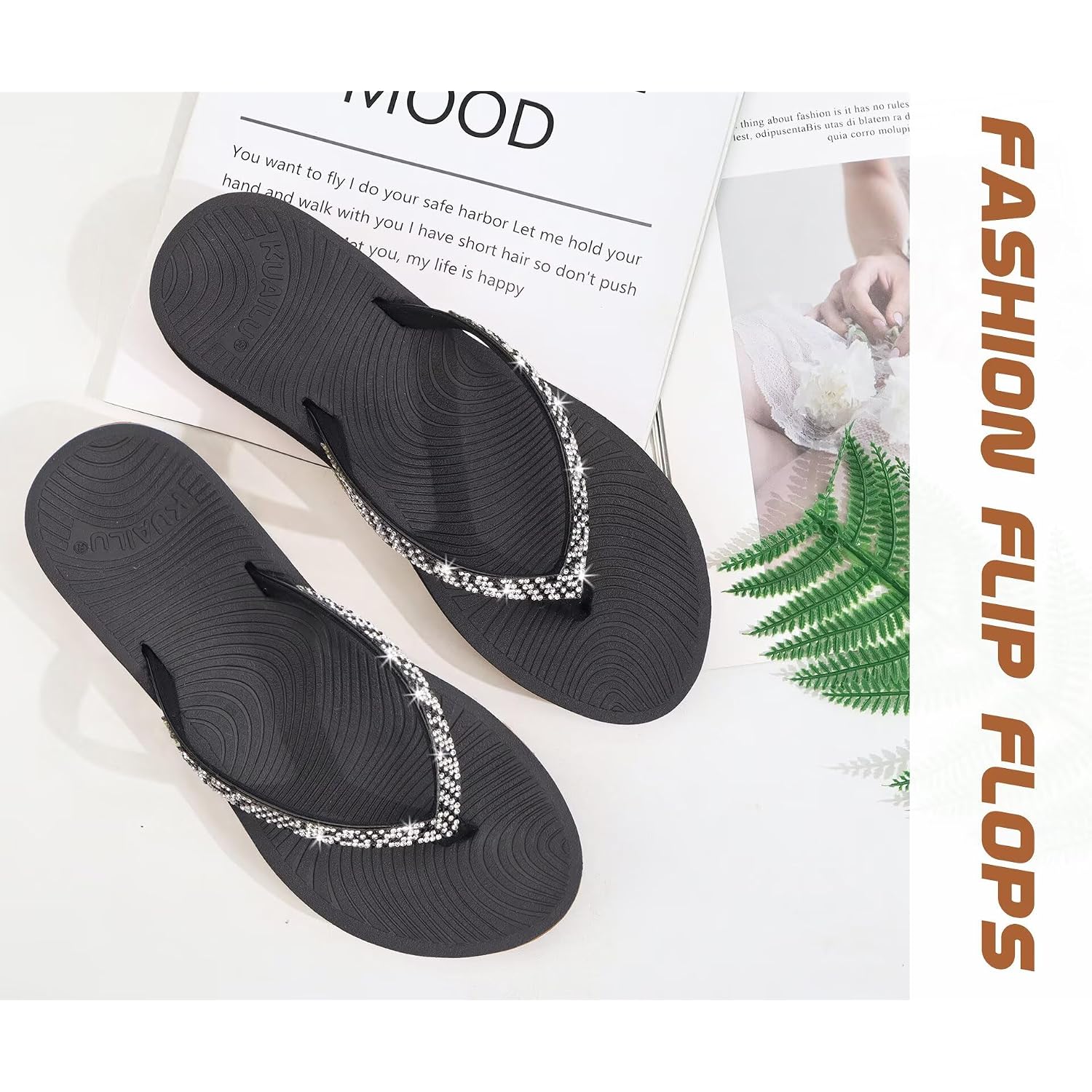 Kuailu Women'S Rhinestone Flip Flops With Comfort Arch Support Yoga Mat Cushion Sandals Fashion Summer Beach Travel Orthotic Walking Thong Sandles Slip On Plantar Fasciitis Indoor Outdoor Shoes