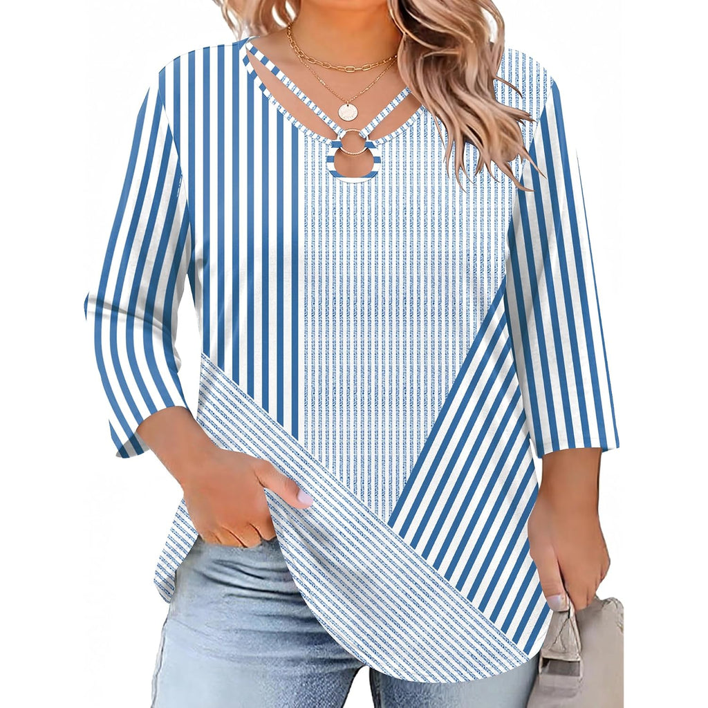 Rapbin Womens Plus Size Tops 3/4 Sleeve Shirts Summer Cut Out Ring Keyhole Neck Dressy Casual Loose Tunic Tops 1X-5X