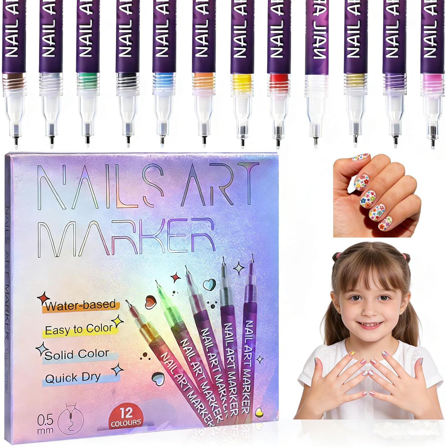 12 Colors Nail Art Pens Set for Painting Nail,Nail Art Markers for Kids Girls Women,Quick-Drying Nail Polish Pens Markers for Nail Art Painting,Fine-Tip Gel Nail Pens for Dotting, Lines,DIY Nail Art