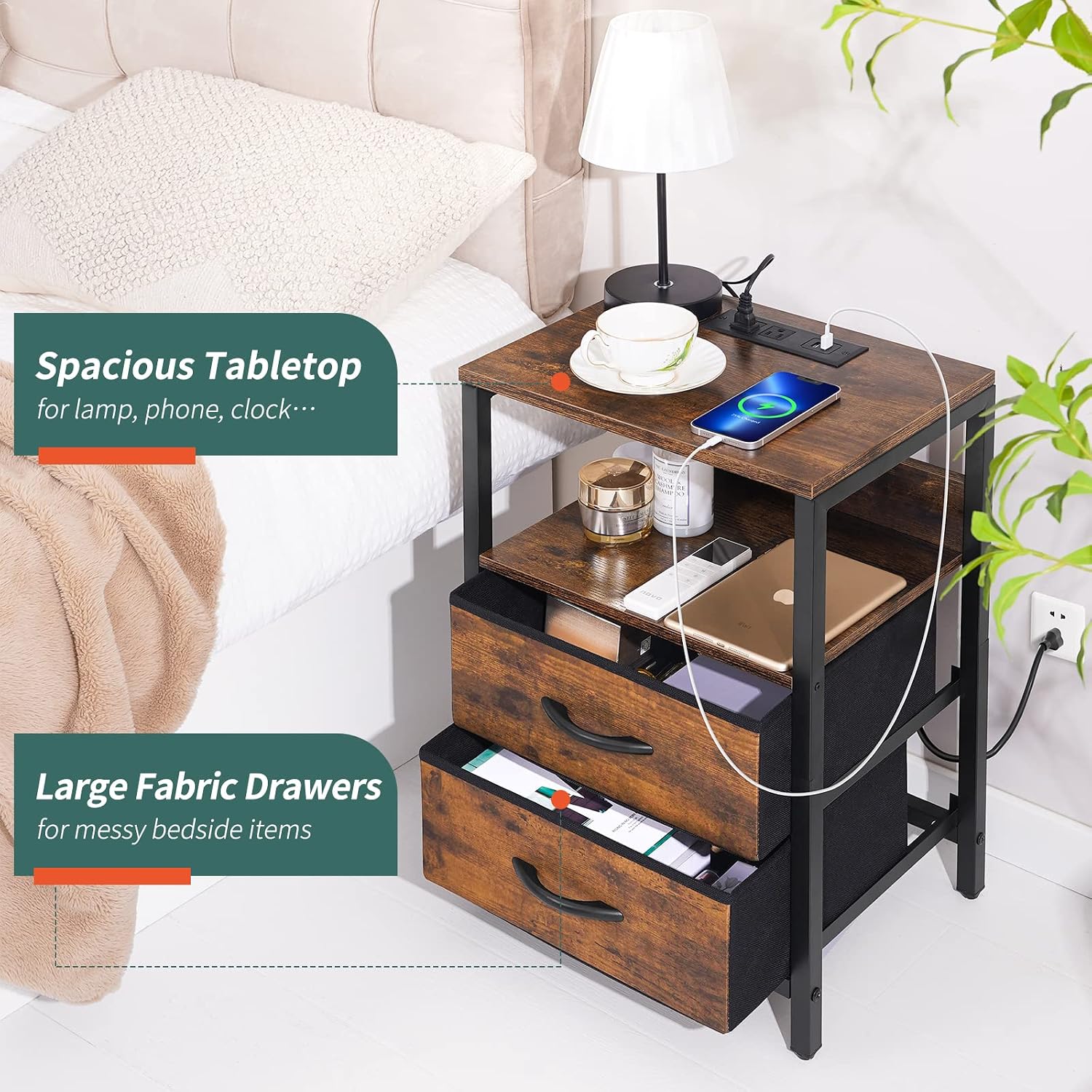 Yoobure Nightstand With Charging Station, Small Night Stand With Fabric Drawers And Storage Shelf For Bedrooms, Small Spaces, Bedside Table With Usb Ports & Outlets