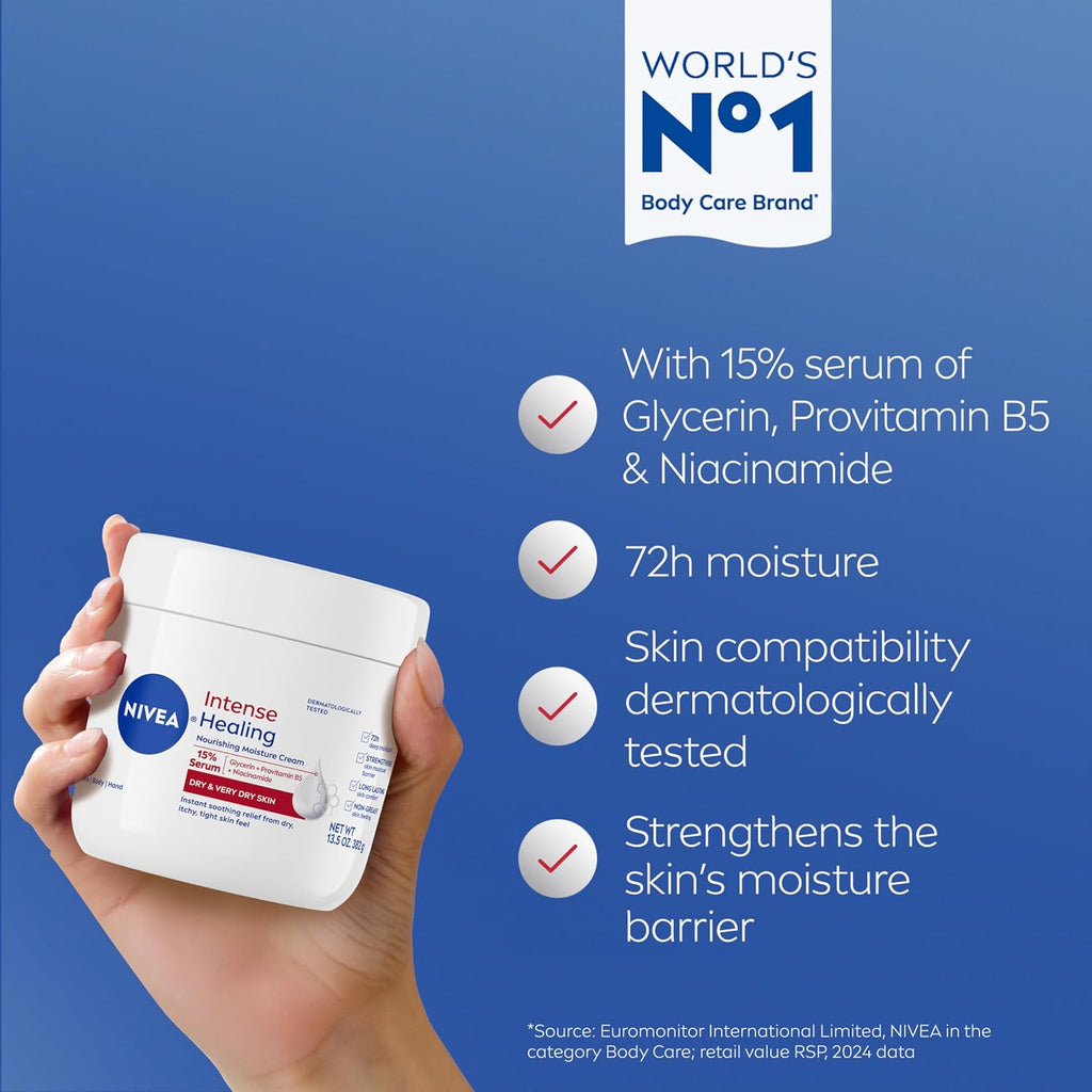 Nivea Intense Healing Body Cream For Dry Skin With Glycerin, Provitamin B5 And Niacinamide, 72-Hour Moisture, Non-Greasy Body Moisturizer Immediately Soothes Dry, Itchy Skin Feeling, 13.5 Oz Jar