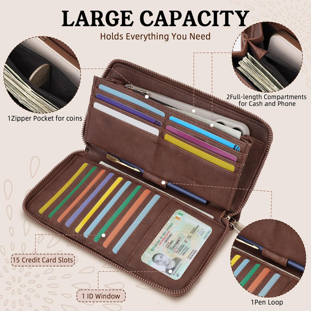 APHISON Wallet Women Large Capacity Clutch Purse For Ladies Card Holder RFID Wristlet Phone Zipper Coin Travel Pocket
