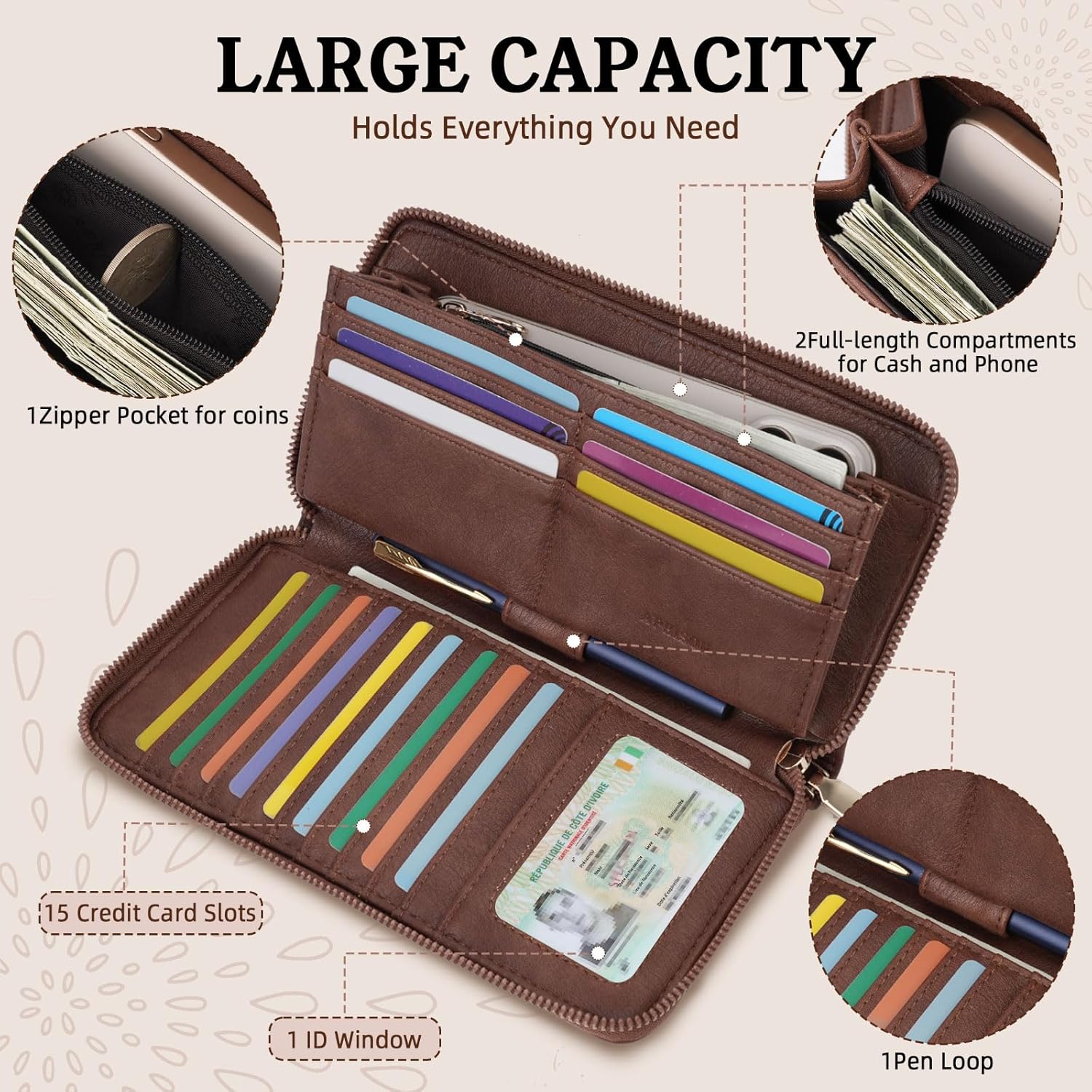 APHISON Wallet Women Large Capacity Clutch Purse For Ladies Card Holder RFID Wristlet Phone Zipper Coin Travel Pocket