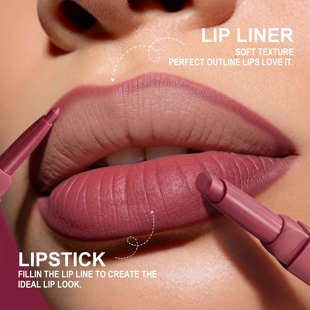 LANGMANNI 2-in-1 Lipstick & Lip Liner Set,6 Colors Gift Set|Angled Lipstick+Matching Lipliner Pencil|Velvet Matte Finish,Long-Lasting & Smudge-Resistant|All-in-One Lip Makeup Kit for Women(#A)