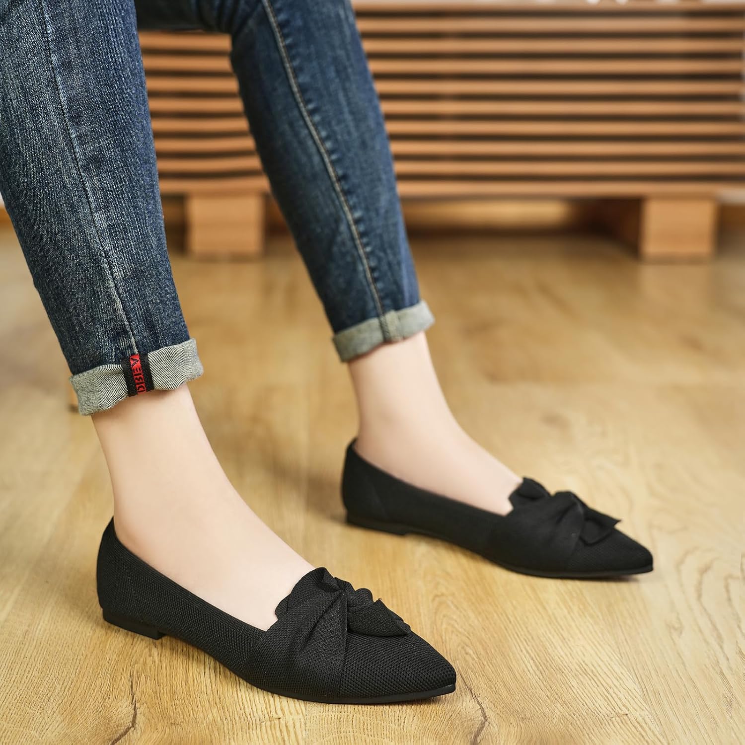 Hiulycence Flats For Womens Pointed Toe Ballet Flats With Bow Comfortable Knit Dressy Flats