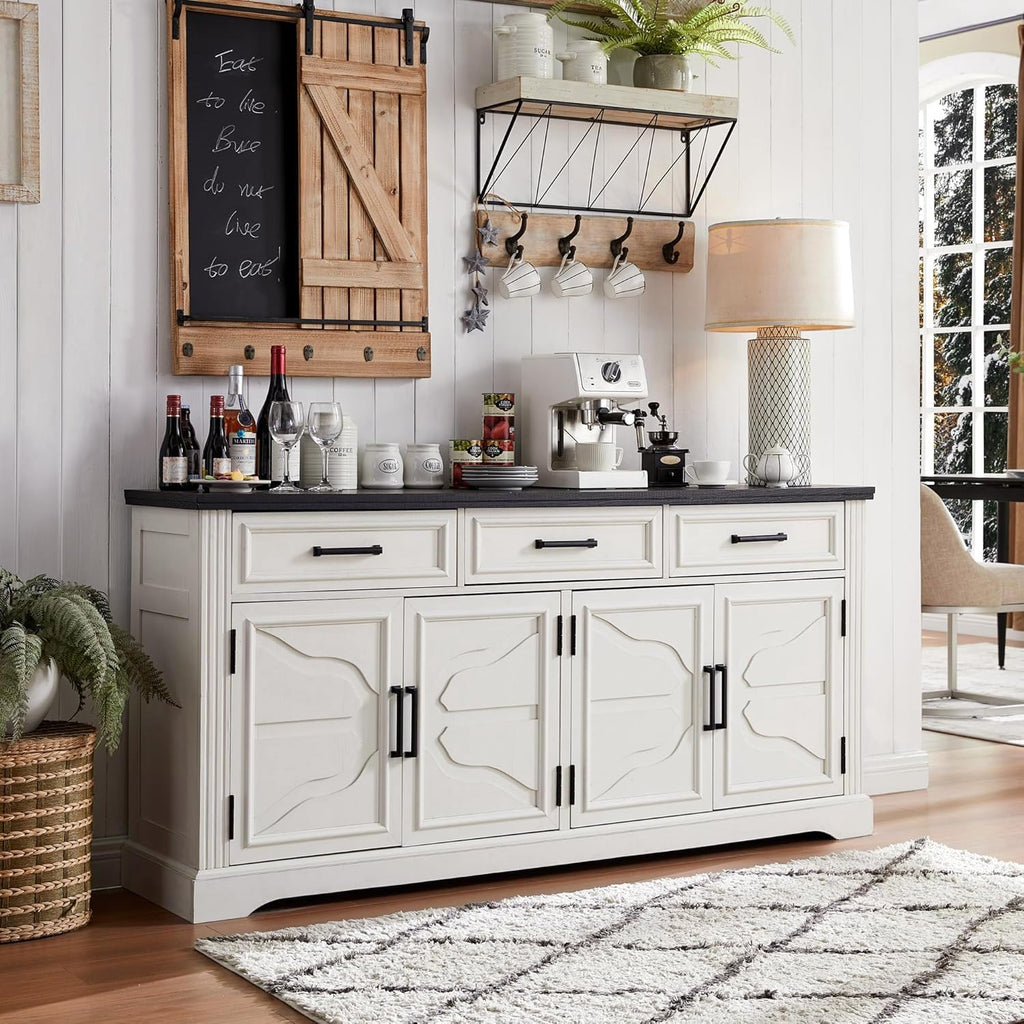 66" Farmhouse Buffet Cabinet With Storage, Sideboard Credenza, Carved Cloud-Inspired Doors, 3 Drawers & Adjustable Shelves, Coffee Bar Cabinet, Off White