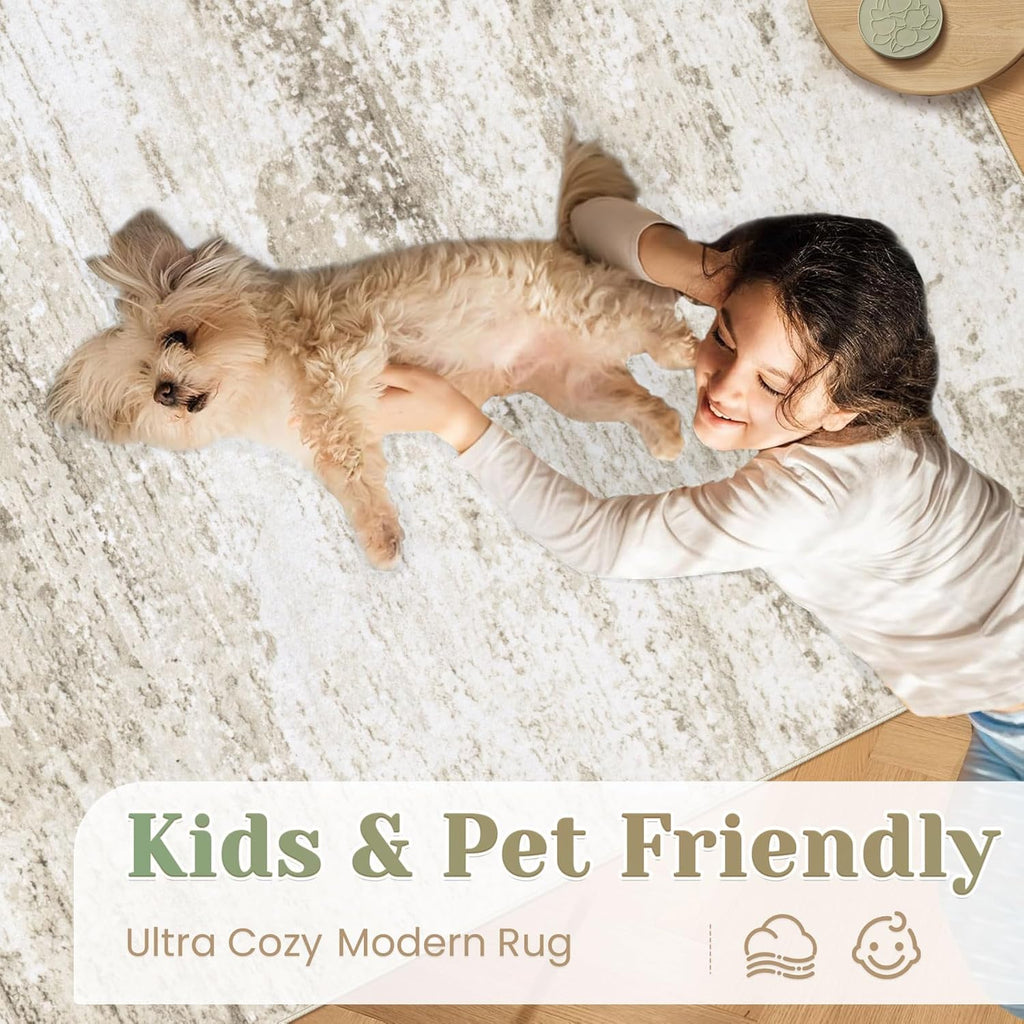 Washable Rug 8x10 Area Rugs for Living Room: Large Neutral Soft Rug Abstract Non Slip Low Pile Modern Carpet for Bedroom Kitchen Nursery Office Dining Room Indoor (Beige, 8'x10')