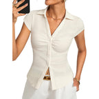 Women Button Down Blouse, V-Neck Ruched Tops with Y2K Collar, Slim Fit Cap Sleeve Business Casual Going Out Shirt