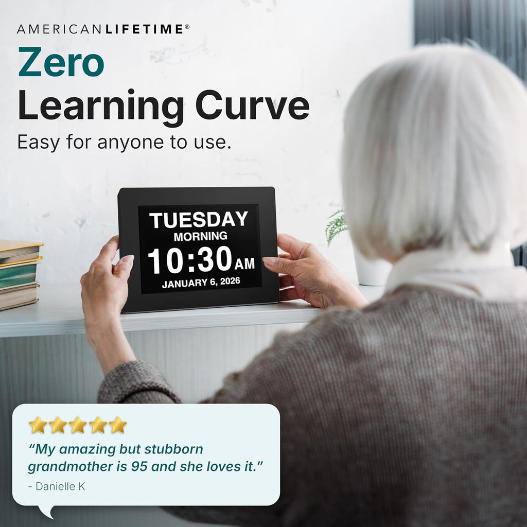 Large Digital Clock For Seniors, Black, 8 Inch, With Day & Date, Customizable Alarms, Auto-Dimming, Multi-Language Support, Battery Backup, Easy Setup, And Gift Option