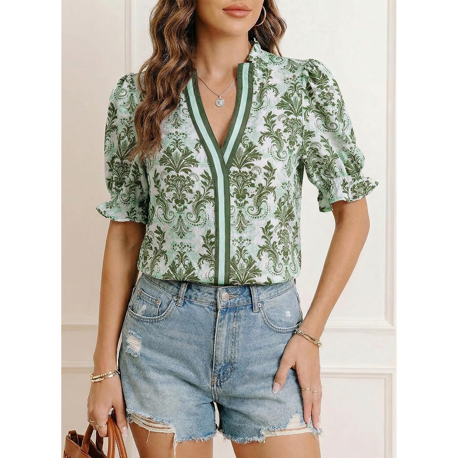 Dokotoo Women'S Summer Boho Floral Ruffle Shirt Puff Short Sleeve V Neck Casual Trendy Cute Blouse Tops