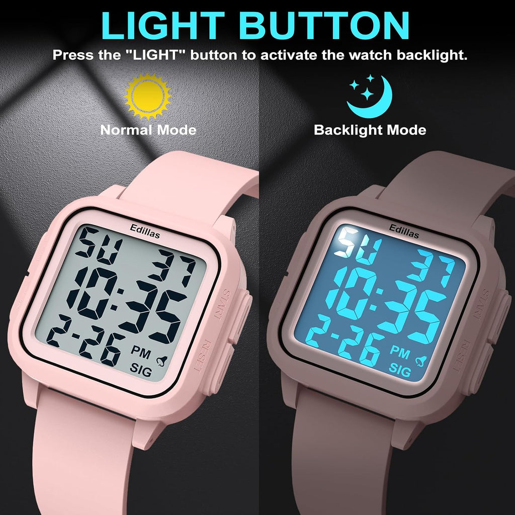 Edillas Square Sport Watch Digital For Women'S Men'S Big Numbers Large Face 5Atm Waterproof Alarm Stopwatch Date Week Military Back Light Wristwatch For Teenagers