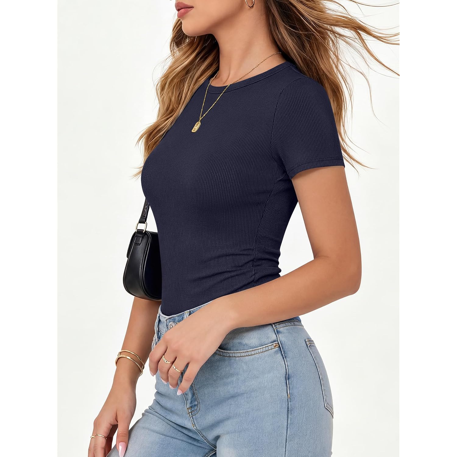 ANRABESS Women Short Sleeve Crewneck Ribbed Knit Slim Fitted Shirts Summer Tops Basic Tee Casual 2026 Spring Outfits Clothes