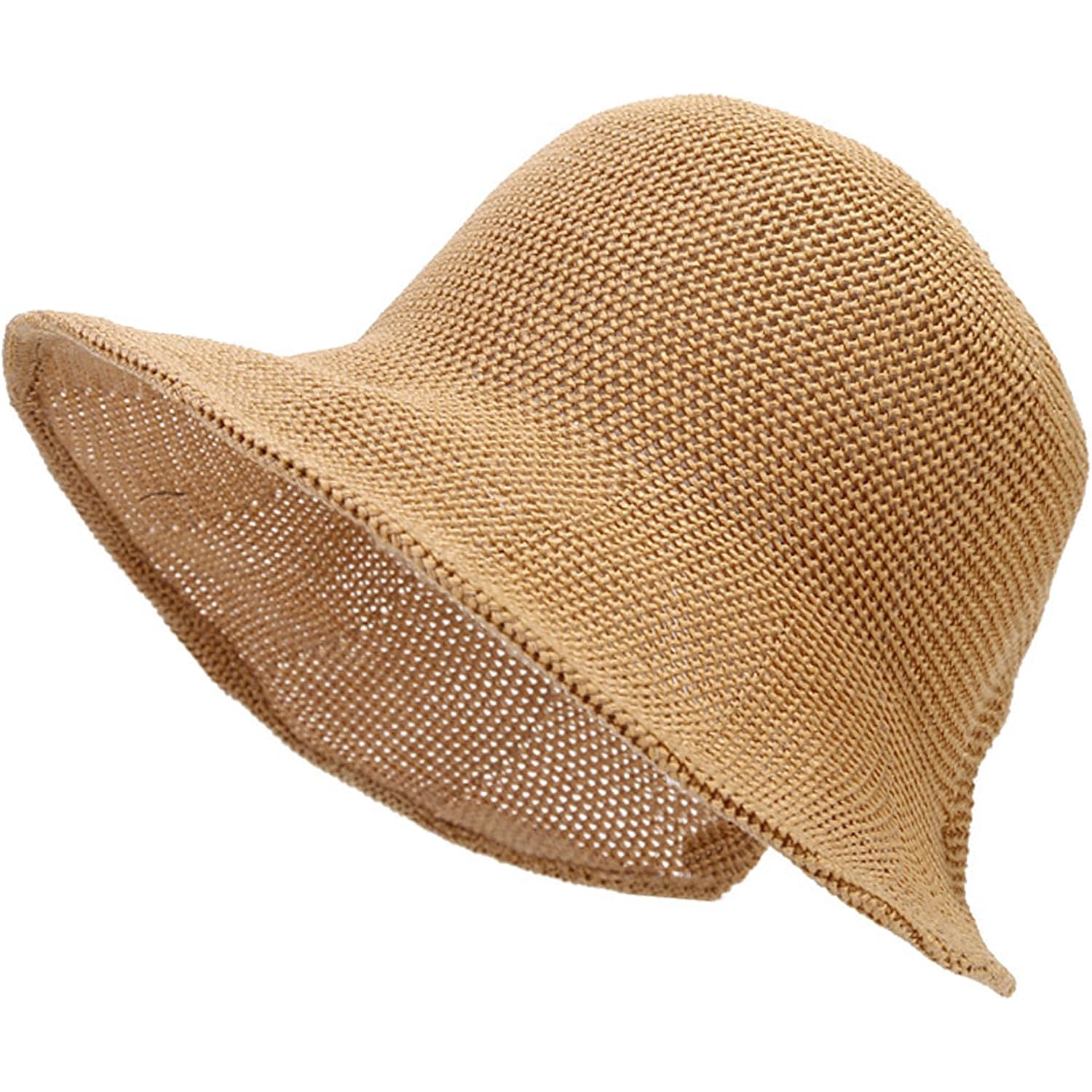 Women's French Crochet Sun Hat Floppy-Brim Straw-Bonnet-Cap Ponytail-Beach-Hats Hook-Loop-Fastener Khaki