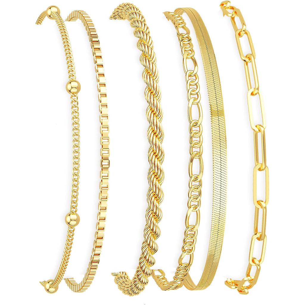 Mothers Day Gifts for Mom Gold Bracelets for Women Waterproof, 14K Gold Plated Jewelry Sets Trendy Thin Dainty Stackable Cuban Link Paperclip Chain Bracelet Pack Fashion Accessories Gifts for Womens