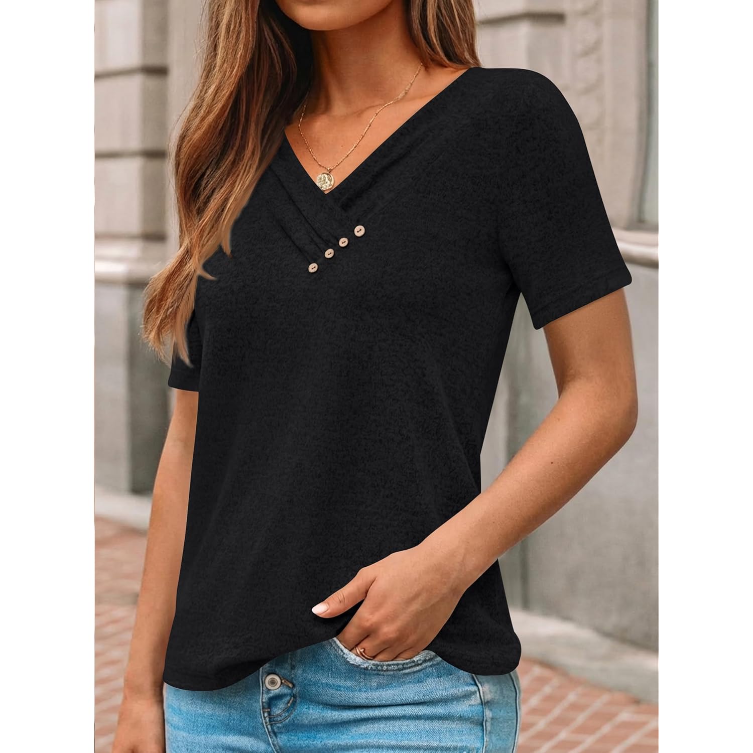 Womens Short Sleeve Tunic Top Spring Summer V Neck Button Shirts 2026 Dressy Casual Business Blouses