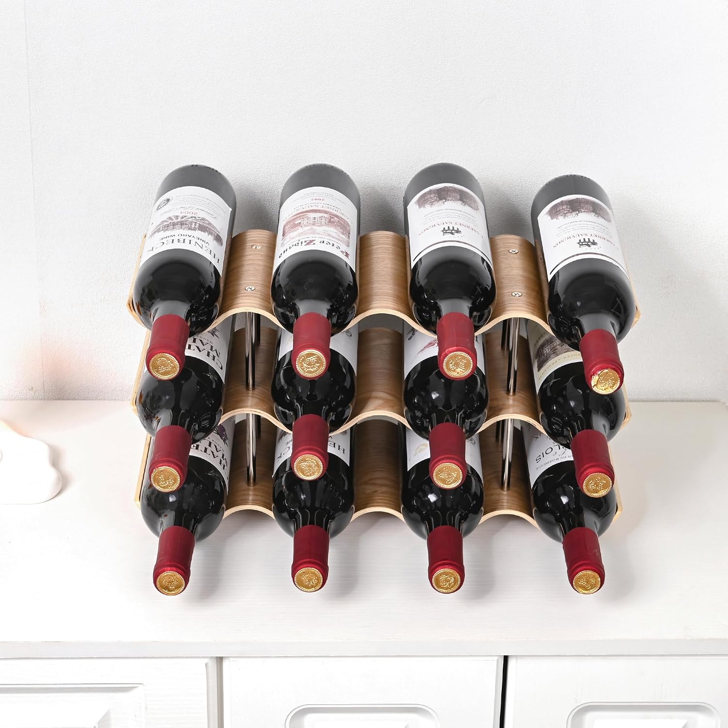 Countertop Wine Rack - 12 Bottle Freestanding Wine Bottle Holder Stand - 3 Tier Wooden Wine Storage Rack - Wavy Wine Organizer For Cabinet Pantry Home Kitchen Bar