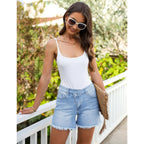 Jean Shorts for Women Mid Rise Trendy Stretchy Crossover Waist Denim Shorts Raw Hem Casual Summer Pockets