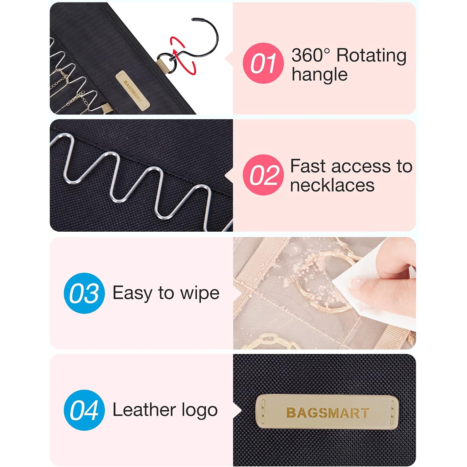 Bagsmart Hanging Jewelry Organizer Storage Roll With Hanger Metal Hooks Double-Sided Jewelry Holder For Earrings, Necklaces, Rings On Closet, Wall, Door, 1 Piece, Large, Black