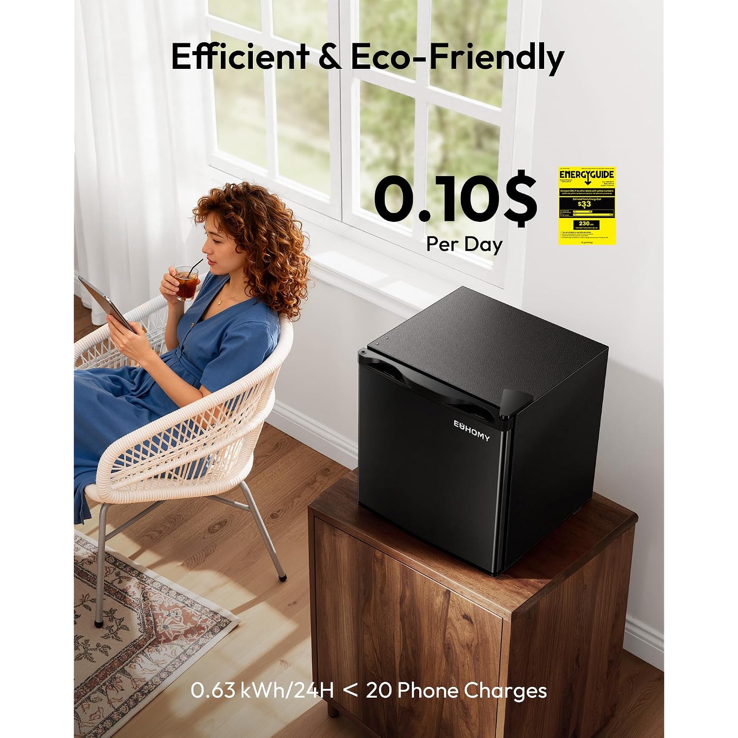 Euhomy 1.7 Cu.Ft Mini Fridge, Reversible Single Door Compact Refrigerator, Adjustable Thermostat, Energy Saving, Mini Fridge For Bedroom, Office, Dorm, Black
