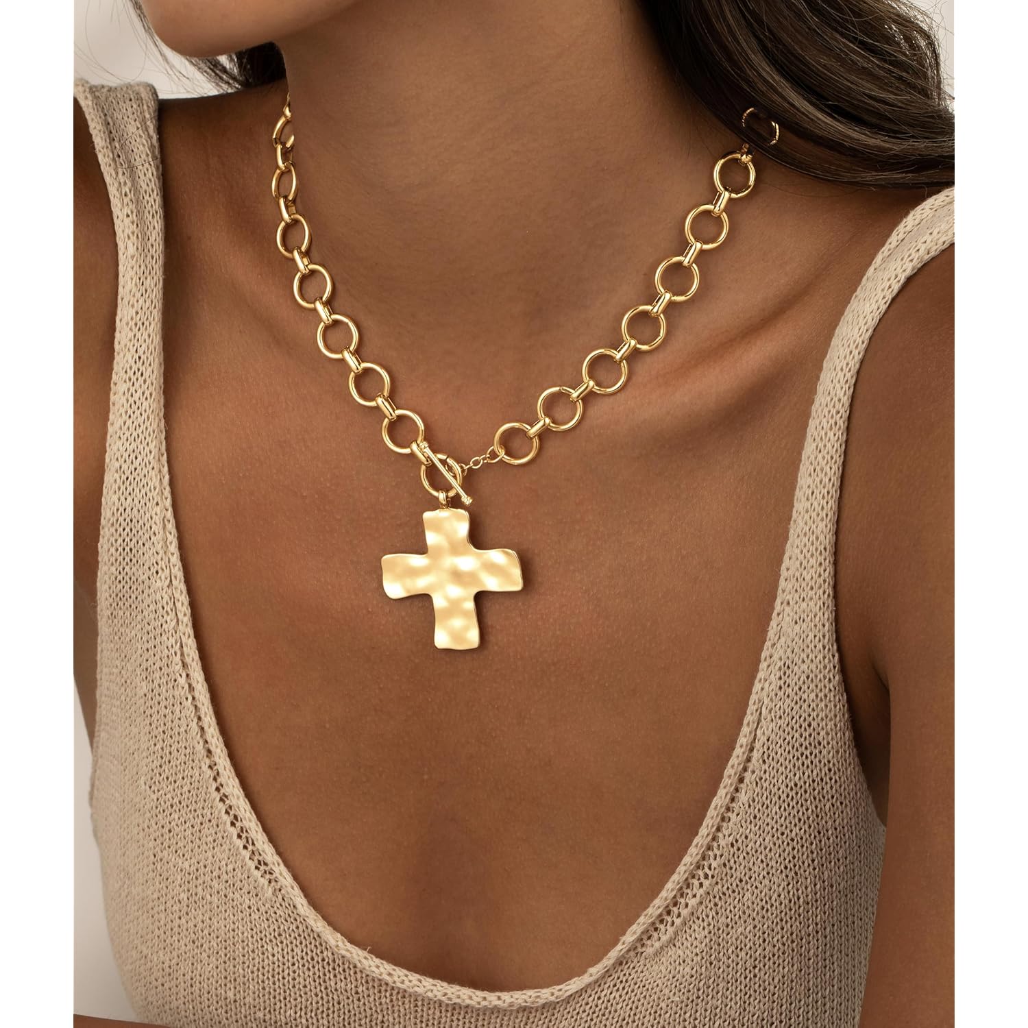 CHESKY 14K Gold Plated Chunky Cross Necklace for Women, Statement Cross Necklace Big Hammered Bold Cross Heart Pendant Necklace Trendy Gold Toggle Necklaces Vintage Jewelry