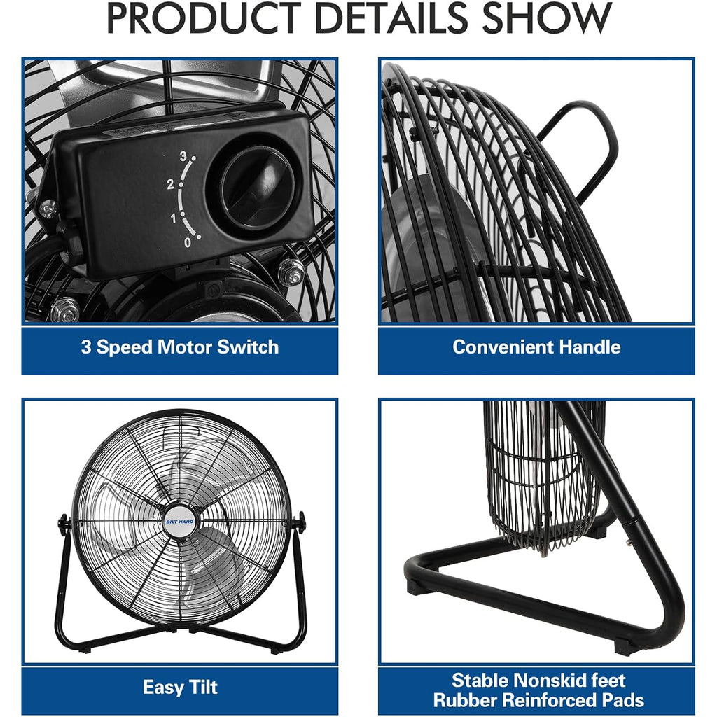 Bilt Hard 20 Inch Heavy Duty Floor Fan - 4650 Cfm High Velocity, 3-Speed With Wall-Mounting System, Industrial Shop Fan For Commercial, Garage, And Greenhouse