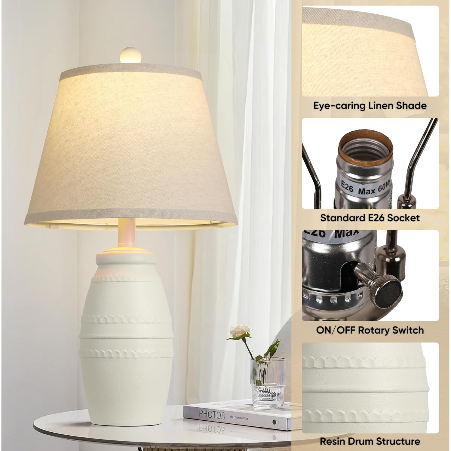Qimh 21.5" Lamps Set Of 2, Farmhouse Lamp For Living Room, Off-White | Modern Resin Table Lamps For Bedroom, Linen Shade, Vintage Rustic Style, Home Decor