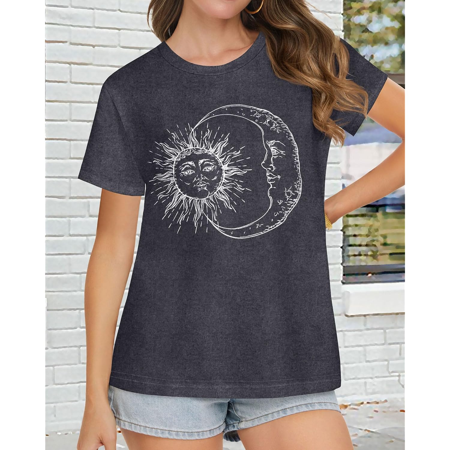 T Shirts for Women Summer Short Sleeve Crewneck Casual Cute Graphic Basic Tees Tops 2026 A Deep Grey Moon