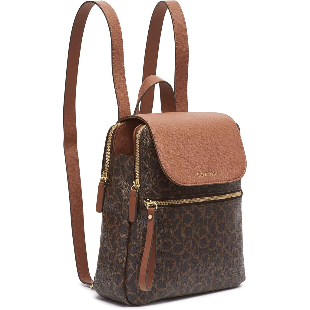 Calvin Klein Women's Elaine Signature Key Item Flap Backpack, Brown/Khaki/Luggage Saffiano, One Size