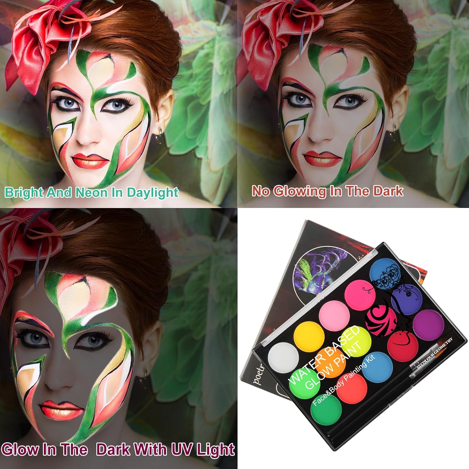 Uv Blacklight Face Paint,15 Bright Colors Neon Fluorescent Body Painting Palette,Water Activated Eyeliner,Water Based Makeup Glow In The Dark Halloween Washable For Kids Adult Body Paint