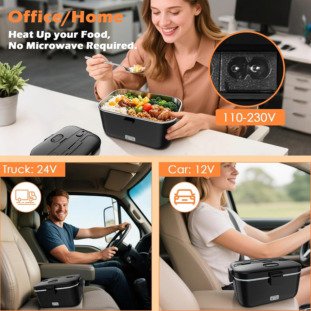 Electric-Lunch-Box-Heated-Food-Warmer 100W Heating Lunchbox For Adults 1.8L Portable Food Heater For Work/Car, 12V/24V/110-230V Lonchera Eléctrica Portátil With Fork Spoon (Black)