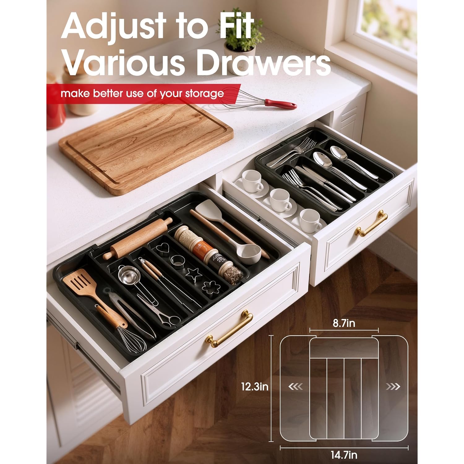 Aujen Silverware Organizer - Expandable Kitchen Drawer Organizer, Adjustable Utensil Organizer, Cutlery Tray for Forks, Knives, Multipurpose Kitchen Organizers and Storage Solution, Black, Medium