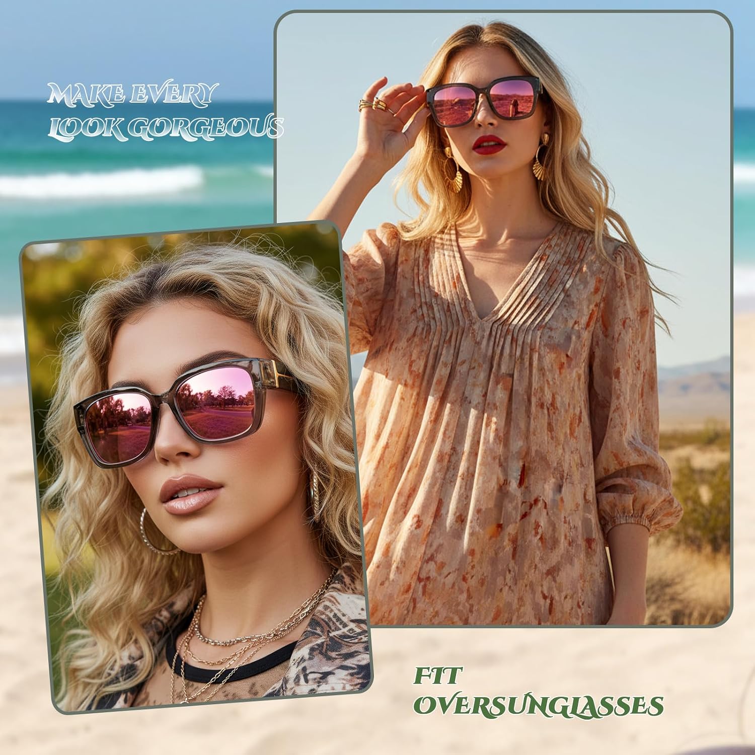 LVIOE Polarized Fit Over Sunglasses for Women Men Oversized Square Over Glasses Sunglasses with UV Protection A02 Grey Frame/Pink Lens