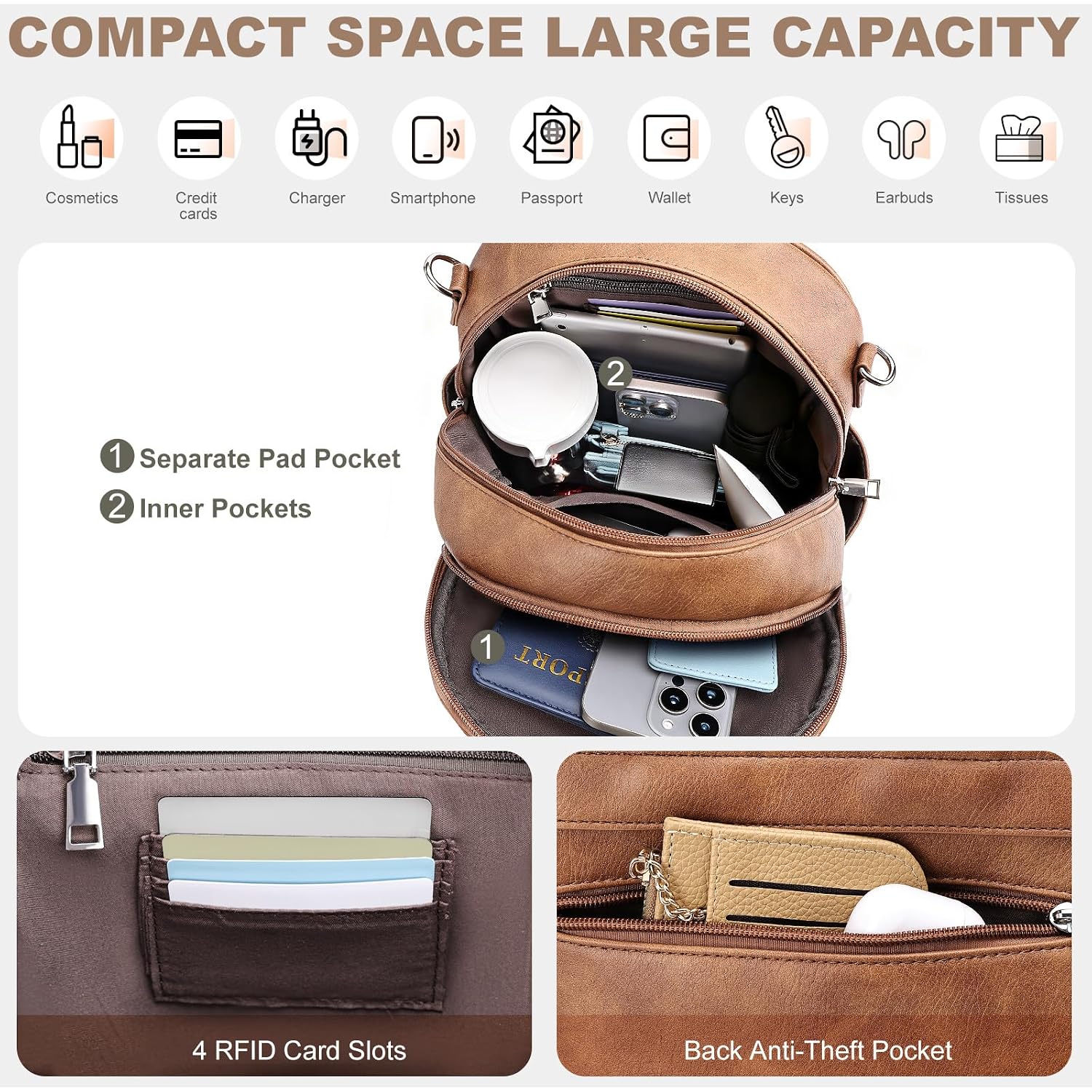Backpack Purse For Women, Backpack Vegan Leather With Rfid Blocking & Tablet Pocket, Shoulder Handbag For Travel& Work Brown