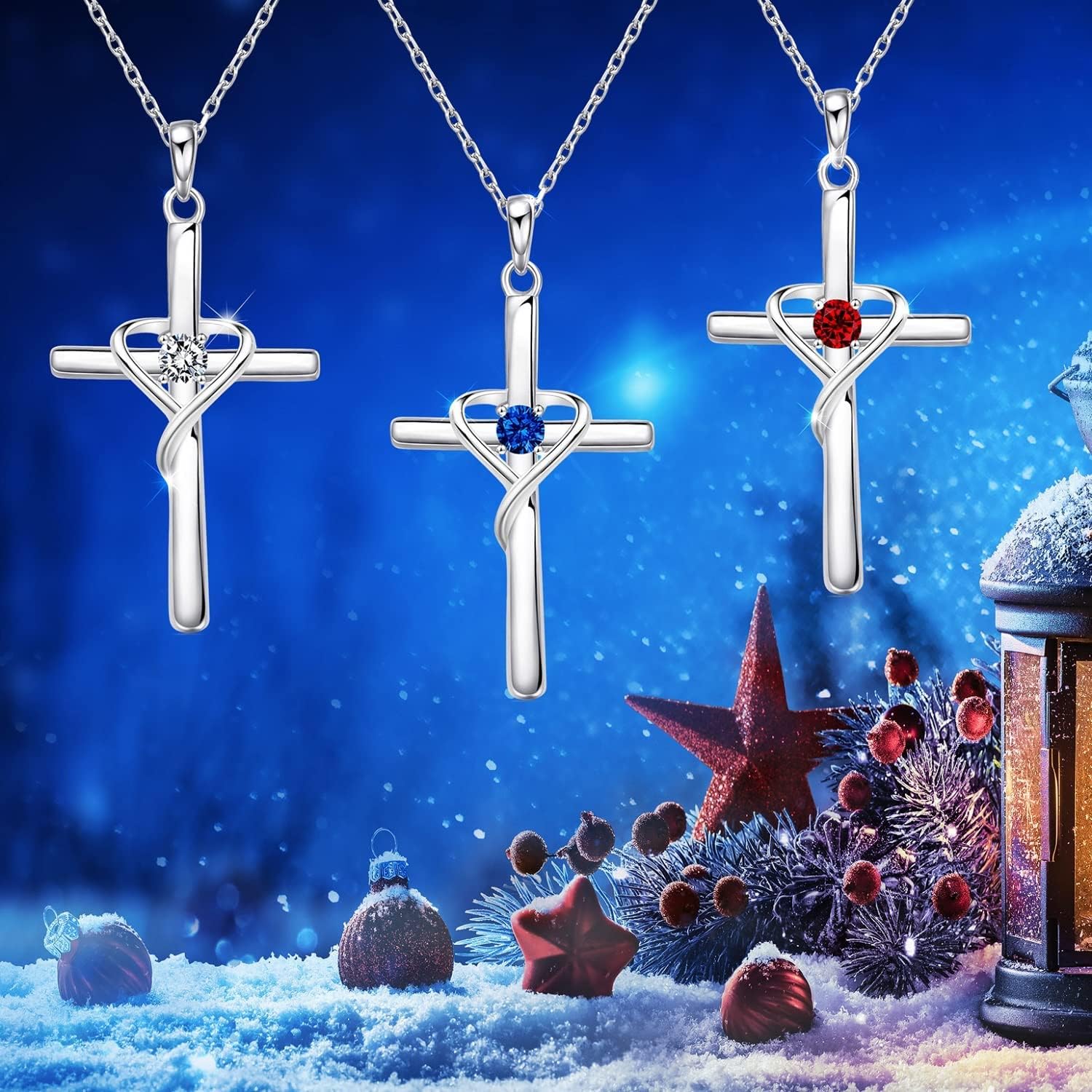 AmorAime 925 Sterling Silver Cross Necklace for Women Men 14K Gold Plated 5A CZ Birthstone Necklaces for Holiday