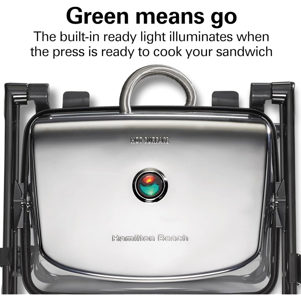 Hamilton Beach Panini Press Sandwich Maker & Electric Indoor Grill with Locking Lid, Opens Wide to Fit Any Thickness for Quesadillas, Burgers & More, Nonstick 8" x 10" Grids, Chrome (25460MNA)