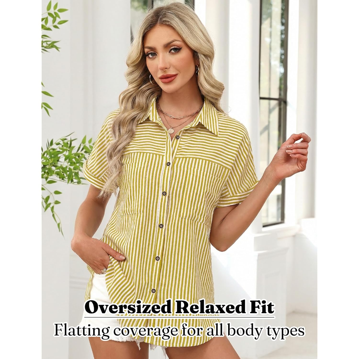 Button Down Shirt for Women Short Sleeve Blouses Dressy Casual Business Work Summer Vacation Tops Hawaii Shirts with Pockets