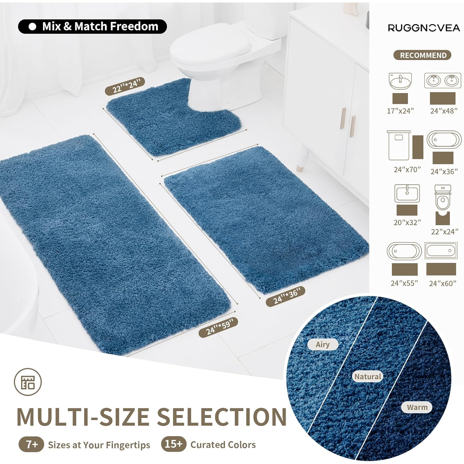 Bathroom Rugs Non Slip Washable, Ultra Thick Soft Microfiber Absorbent Bath Mats, High Density Foam Latex Non Slip Backing Bath Rugs, Fluffy Floor Carpet for Tub&Shower 24x17, Blue