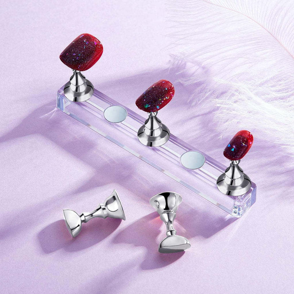 Blulu 2 Sets Nail Stand Press on Nail Holder Magnetic Fake Nails Holder Acrylic Nails Display Practice for Painting Art for False Fingernail Manicure Tool Home DIY Salon Supplies(Silver)