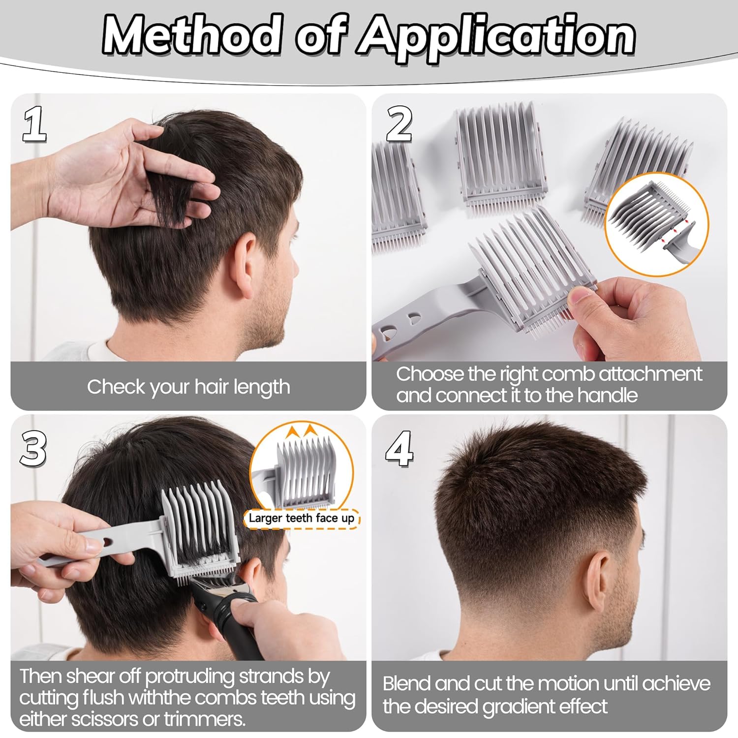 4-in-1 Detachable Fade Comb Set, 4 Different Size Barber Fade Comb, Suitable for Home and Salon Use, Compatible with All Hair Cutting Shears and Barber Tools, Grey