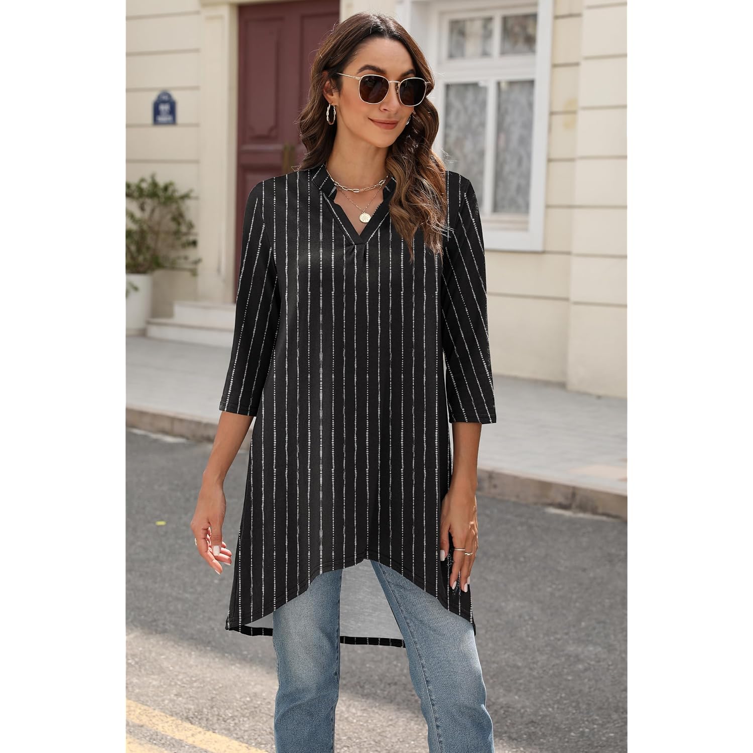 Women's 3/4 Sleeve Notch V Neck High Low Loose Fit Long Tunic Tops Shirts Blouses M-3XL