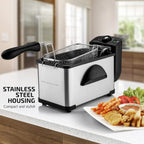 OVENTE Electric Deep Fryer 2 Liter Capacity, 1500 Watt Lid with Viewing Window and Odor Filter, Adjustable Temperature, Removable Frying Basket and Easy to Clean Stainless Steel Body, Silver FDM2201BR