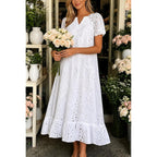 Chouyatou Women Summer Ruffle Hem Floral Lace Eyelet Dress Casual Notch Neck Midi Tunic Dress With Pocket