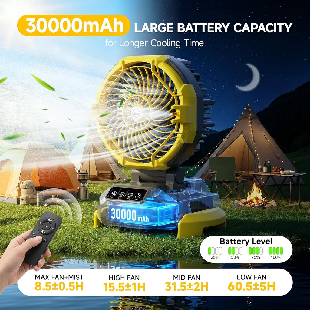 Portable Misting Fan With 6.6 Gallon Bucket, 30000Mah Rechargeable Battery Powered Floor Cooling Fan With 4 Strong Winds & 4 Spray Mister, Outdoor Oscillation Fans For Camping/Patios/Beach/Worksite