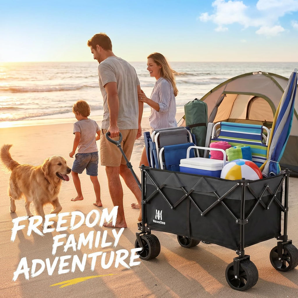 330Lbs Collapsible Folding Wagon, Beach Wagon Cart Heavy Duty Foldable With Big Wheels, Utility Grocery Wagon With 165L Large Capacity For Camping Garden Sports, Black