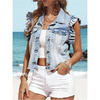 Soly Hux Women'S Denim Jacket Ruffle Cap Sleeve Button Down Trendy Crop Jean Jackets Coat