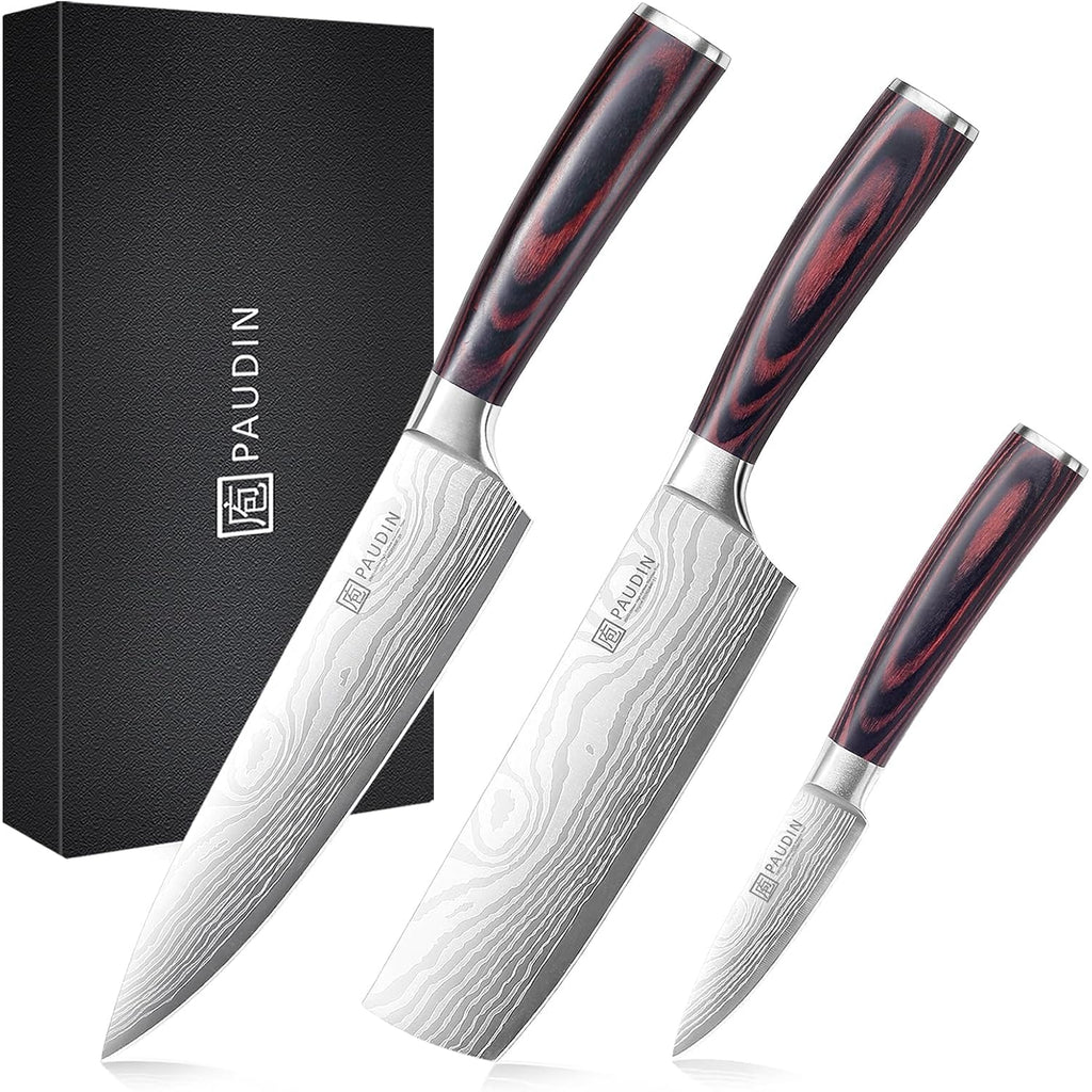 Paudin Kitchen Knife Set, 3 Piece High Carbon Stainless Steel Professional Chef Knife Set With Ultra Sharp Blade & Wooden Handle (Kitchen Knife Set 3 Pcs)