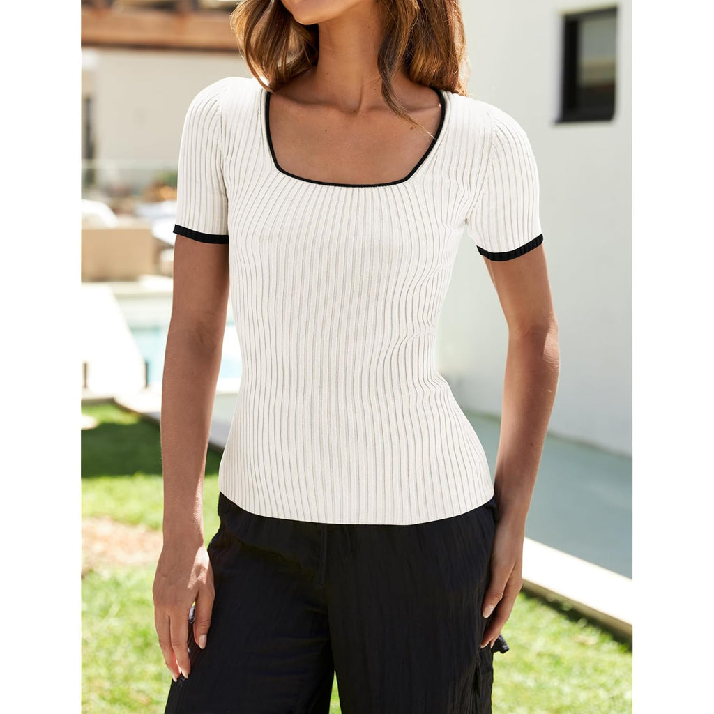 Zesica Women'S Short Sleeve Square Neck Color Block T Shirt 2026 Summer Slim Fit Ribbed Knit Basic Tee Tops