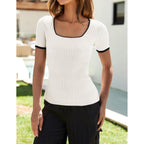 Zesica Women'S Short Sleeve Square Neck Color Block T Shirt 2026 Summer Slim Fit Ribbed Knit Basic Tee Tops